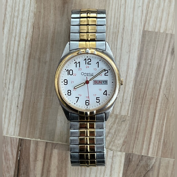 Caravelle by Bulova Men’s Watch Two Tone Stretch Bracelet White Dial Date Window - Picture 3 of 10